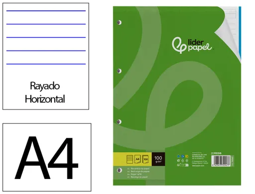 Recambio Liderpapel a4 100 Hojas 100 g/m2 Rayado Horizontal 4 Taladros Bandas de 5 Colores