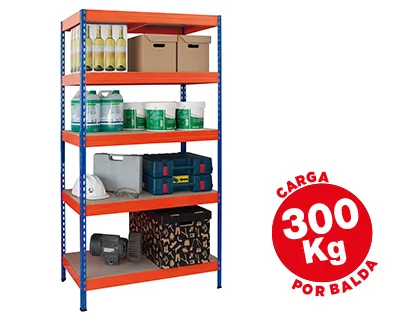 Estanteria Metalica ar Storage 192x100x50cm 5 Estantes 300kg Por Estante Bandejas de Madera Sin Tornillos Azul/Naranja