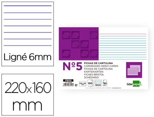 Ficha Liderpapel Rayada Nº5 160x220 mm 180g/m2 Paquete de 100 Unidades