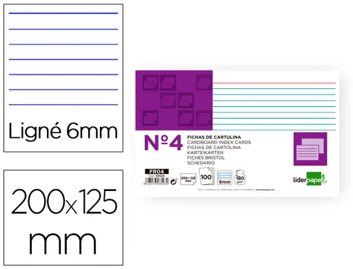 Ficha Liderpapel Rayada Nº4 125x200 mm 180g/m2 Paquete de 100 Unidades