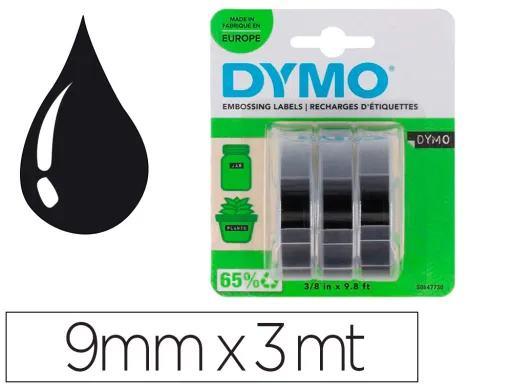 Cinta Dymo 3d 9mm x 3mt Para Rotuladora Omega/Junior Color Negro Blister 3 Unidades