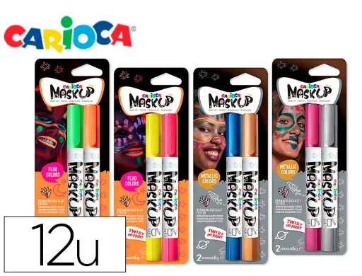 Barra de Maquillaje Carioca Mask up Neon / Metallic Expositor 12 Blister de 2 Barras Colores Surtidos