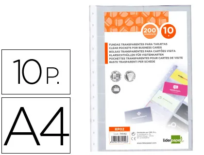 Recambio Fundas Liderpapel Din a4 Para Tarjetero Bolsa de 10 Hojas Capacidad 20 Tarjetas Por Hoja