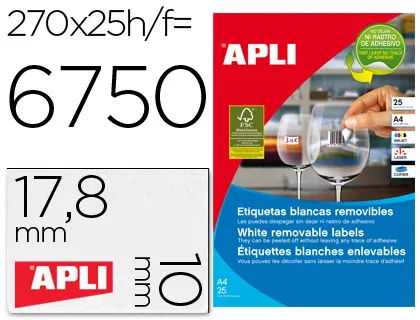 Etiqueta Adhesivas Apli 10197 Tamaño 17,8x10 mm Removible Para Fotocopiadora Laser Ink-Jet Caja 25 Hojas Con