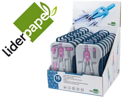 Compas Liderpapel Con Adapatador Alargadera y Mango Extra Soft Expositor de 16 Estuches 2 Modelos