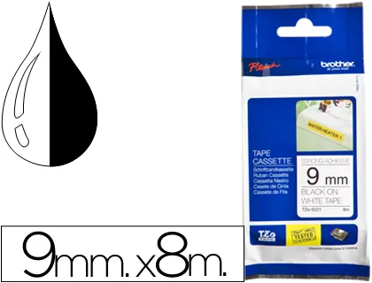 Cinta Brother Tze-S221 Blanco-Negro 9mm Longitud 8 mt Superadhesiva