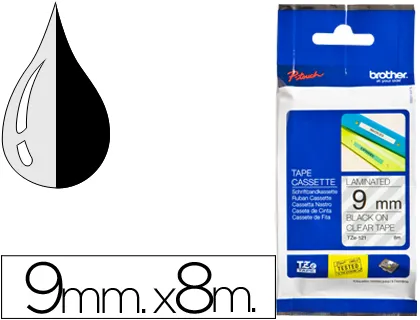 Cinta Brother Tze121 Transparente-Negro 9mm Longitud 8 m