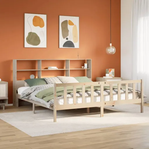 Cama Con Estantería Sin Colchón Madera Maciza de Pino 180x200cm