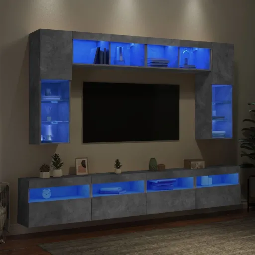 Muebles de TV de Pared Con Luces LED 8 Piezas Gris Hormigón