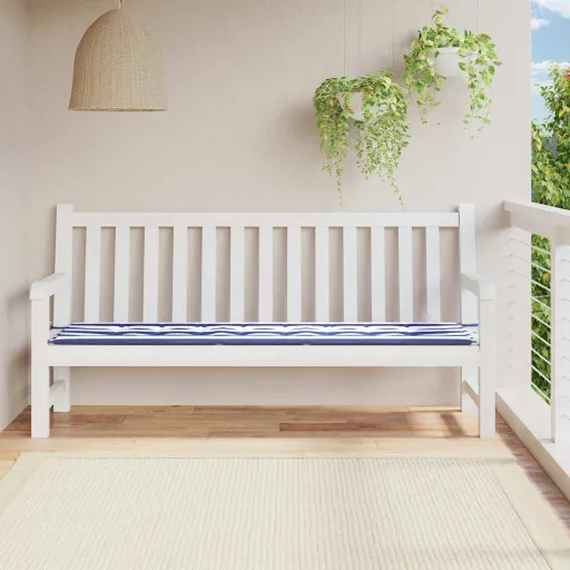 Cojín de Banco de Jardín Tela a Rayas Azul y Blanco 200x50x4 cm