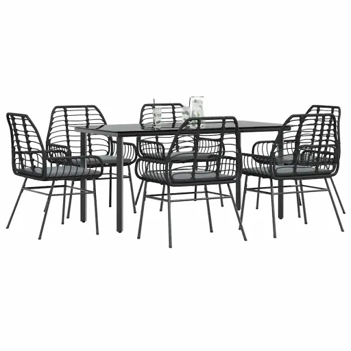 Set de Comedor de Jardín 7 Piezas Cojines Ratán Sintético Negro