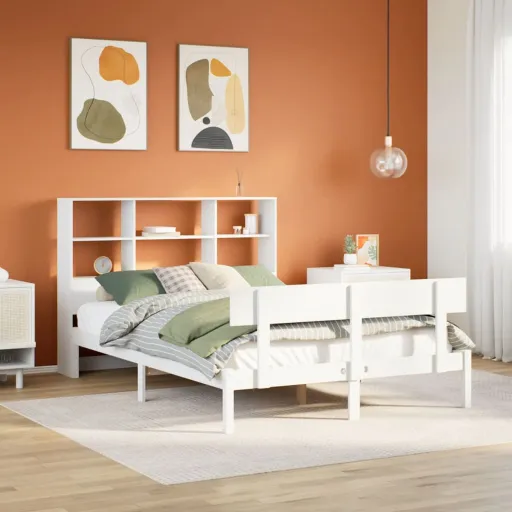 Cama Con Estantería Sin Colchón Madera Maciza Blanca 140x190 cm