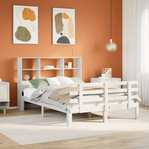 Cama Con Estantería Sin Colchón Madera Maciza Blanca 140x190 cm