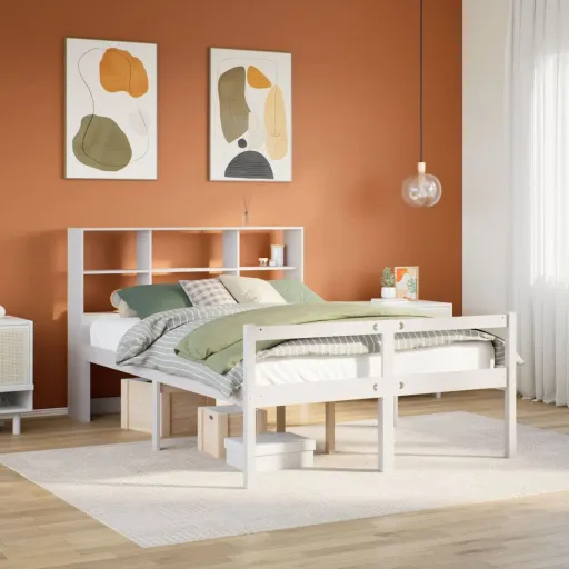 Cama Con Estantería Sin Colchón Madera Maciza Blanca 140x190 cm