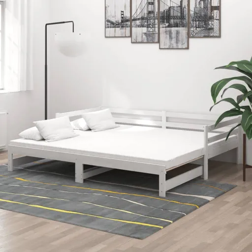 Sofá Cama Extraíble Madera Maciza de Pino Blanco 2x(90x200) cm